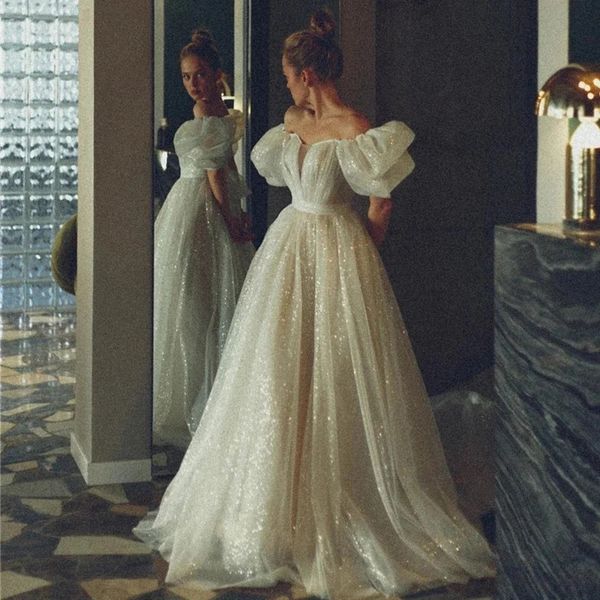 2024 Блестящее свадебное платье трапециевидной формы со съемной юбкой с открытыми плечами и короткими рукавами-фонариками Свадебные платья для вечеринок Princess Robe De Mariage