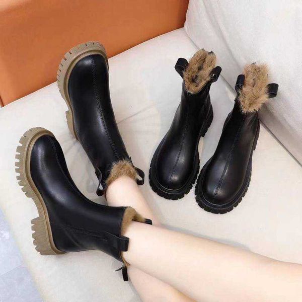 Botas martin de cabelo de coelho para mulheres no inverno pelúcia espessada grande chaminé de algodão com solas grossas neve curta a tendência de