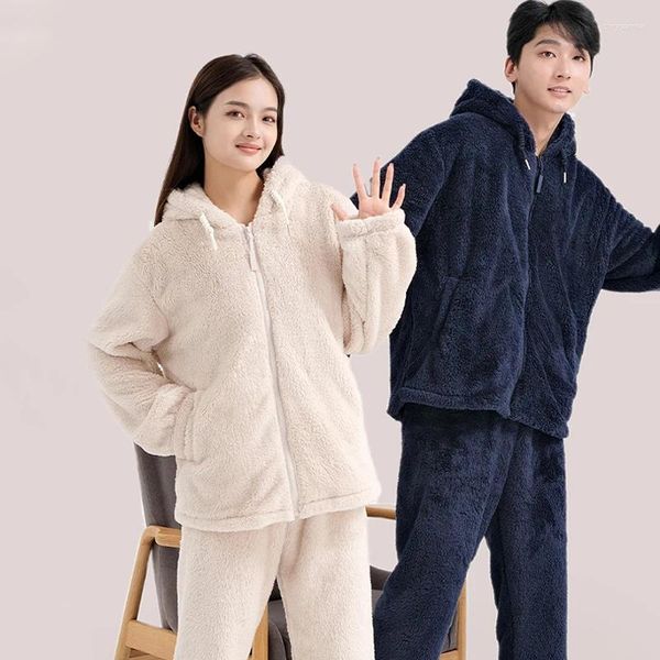 Homens sleepwear inverno grosso veludo térmico casal pijama conjunto para mulheres homens quentes pelúcia homewear amantes casa cardigan pijamas