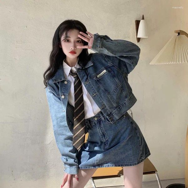 İş elbiseleri denim takım elbise 2023 sonbahar kış tarzı uzun kollu moda kadınlar kısa elbise Korean gevşek vintage tiki ceket