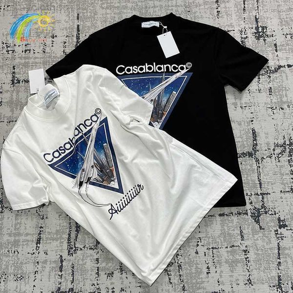 Camisetas masculinas clássicas de triângulo estampado aeronaves Casablanca camisetas homens homens preto camiseta casual e confortável manga curta de manga curta