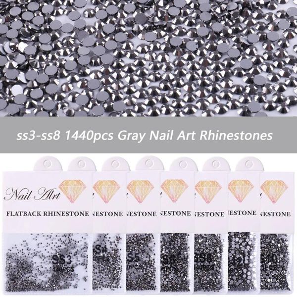 Nail Art Dekorationen Super Glitter 1440 Stück SS3-SS8 Flatback grau klar 3D Non Fix Strasssteine zur Dekoration von Schuhen und Tanzdekor