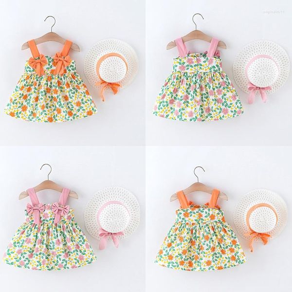 Mädchenkleider Bobora Sommerkleid im koreanischen Stil kindliches rückenfreies Schleifendesign kommt mit einem Hut Baby Mädchen Kind