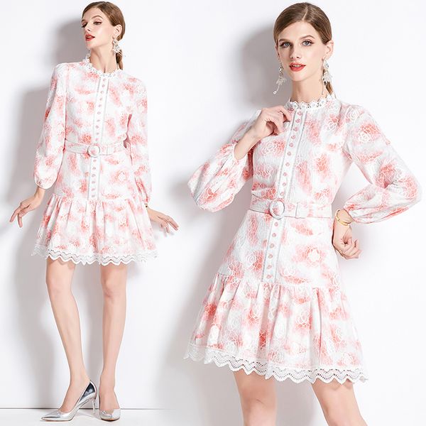 Elegantes Print-Designer-Minikleid für Damen, Puffärmel, O-Ausschnitt, schlanke Urlaubsparty, kurze Kleider mit Gürtel, 2023 Frühling und Herbst, einreihige Runway-Kleider in A-Linie
