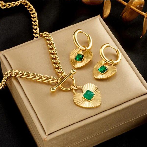 Комплект ожерелья и серег 2023, сердце из нержавеющей стали с зеленым камнем, ювелирные изделия для женщин, подарочная цепочка, воротник, металлическое кристаллическое украшение