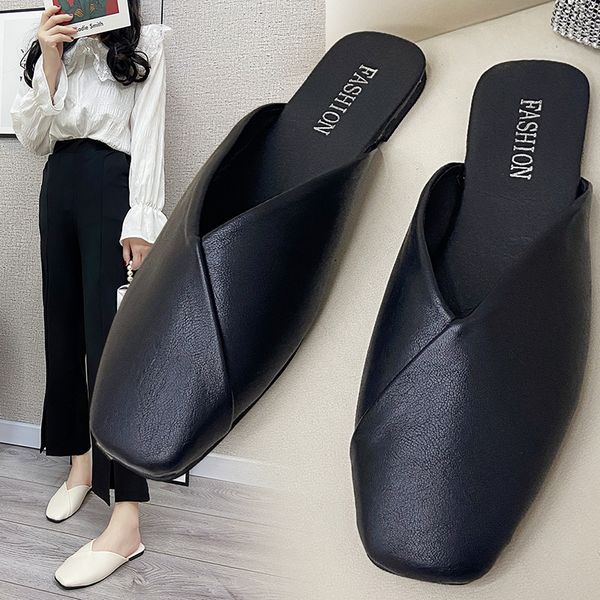 Slipper Mules Summer Elegant Square Punta chiusa Scarpe da donna piatte Casual in pelle Black White Slides Plus Size 35 43 230407