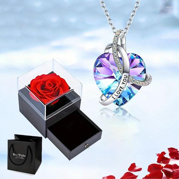 Collana con orecchini Set Ti amo Ciondolo con zirconi con confezione regalo rosa per la fidanzata Compleanno Natale Romantico 2023 Gioielli di moda