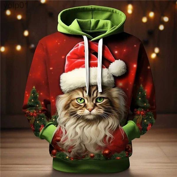 Erkek Hoodies Sweatshirts 2023 Moda Noel Kedi Baskı Hoodies Erkekler 3d Hayvan Desen Sweatshirt Komik Kardan Adam X'mas Giyim Sonbahar Büyük Boyut Eşikerl231107