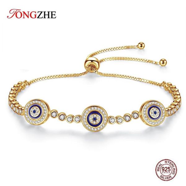 Vero argento sterling 925 per donna Charms Evil Eye Lucky Hamsa Blu CZ Braccialetti tennis in oro giallo Gioielli da uomo260I