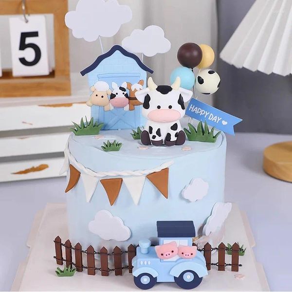 Strumenti per torte Decorazioni a tema fattoria Topper per trattore di mucche per animali Capanno per cavalli per bambini Compleanno Baby Shower Party