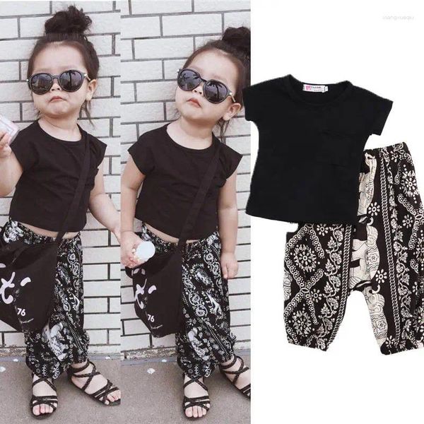 Conjuntos de roupas 2 pçs verão moda casual criança bebê meninas meninos manga curta sólida preto camisetas tops padrão impressão harem calças 0-5y