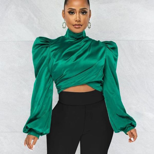 Damen Blusen Damen Glänzende Crop Tops Shirt Elegant Satin Stehkragen Langarm Kreuzstich Kurz Für Abend Abend Party