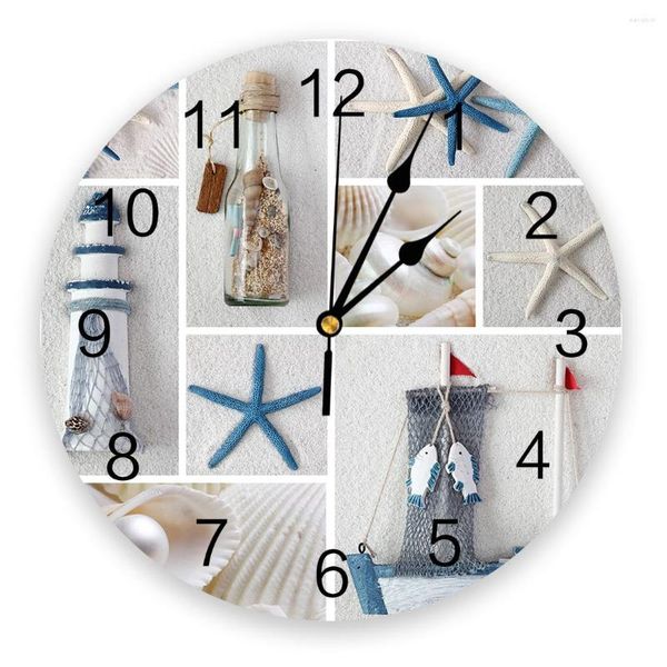 Relógios de parede Mediterrâneo Lighthouse Starfish relógio redonda Decoração criativa Decoração de casa Quartz agulha pendurada Relógio