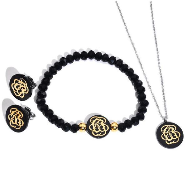 Brincos colar poucos esquerda espanha estilo mulheres preto pingente brinco e pulseira conjunto de jóias oco flor ursos acessórios juego d dhlbs