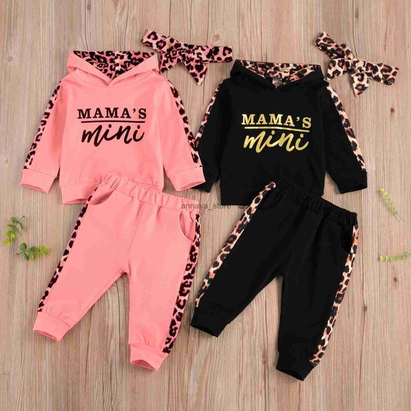 Kleidungssets Baby Mädchen Herbst Winter Kleidung Trainingsanzug Brief Langarm Hoodies Tops und Leopard Nähte Lange Hosen mit Stirnband 3PCSL23116