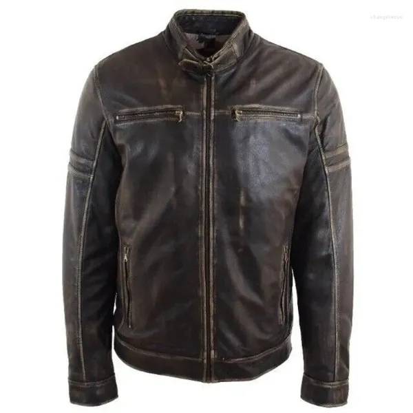 Herrenjacken, Distressed-Jacke aus Lammleder, Schwarz, Cafe Racer, Retro-Biker