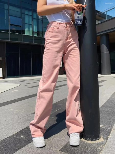 Jeans da donna dritti da donna a vita alta Streetwear pantaloni in denim fidanzato azzurro da donna gamba larga rosa per l'autunno 2023