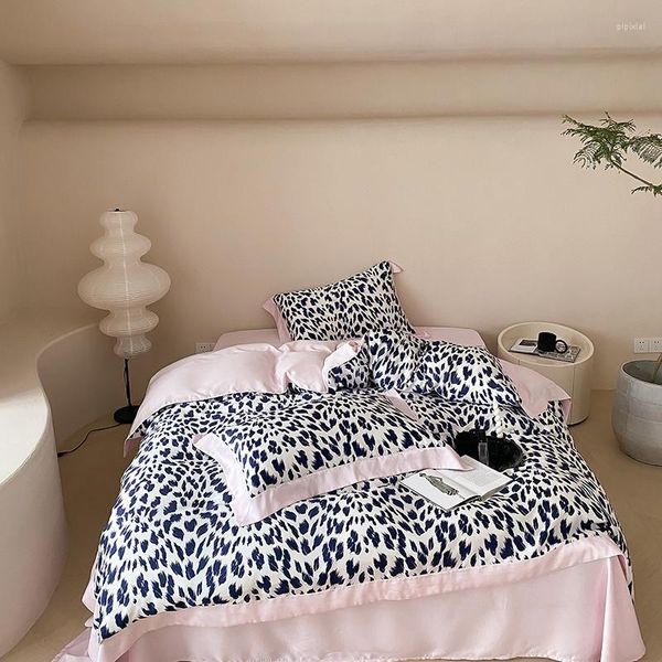 Bettwäsche-Sets Luxus 600TC Eukalyptus-Lyocell-Faser seidig weich cool Set rosa Leopardenmuster Bettbezug Bettlaken Kissenbezüge