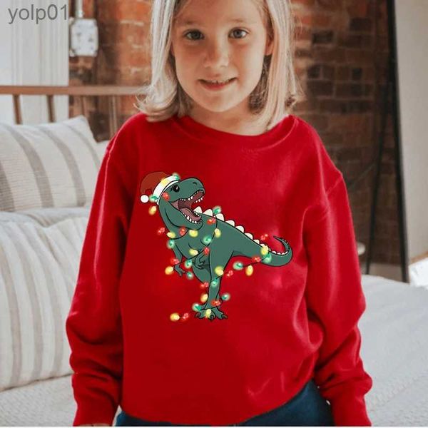 Felpe con cappuccio da uomo Felpe nuove felpe di Natale per abbigliamento per bambini Stampa di dinosauri Ragazze Ragazzi Bambini Top a slitta lunga Cartoon Come Felpe con cappuccio 2022L231107