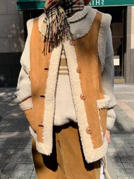Moda de pele feminina reversível colete para mulher elegante chique o-pescoço sem mangas jaqueta 2023 inverno quente casual casaco de couro falso