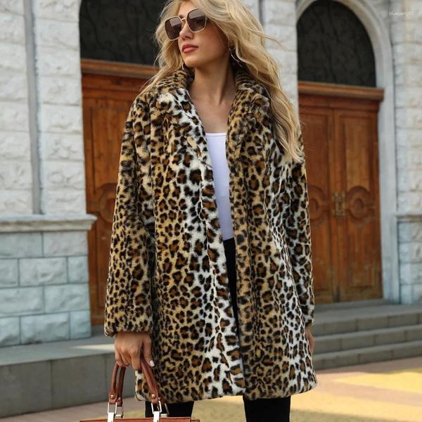 Pele feminina 2023 inverno europeu americano casaco leopardo impressão terno colarinho comprimento médio falso jaqueta superior feminino