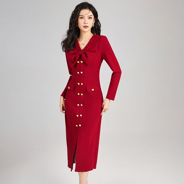 2325113-vestido socialite francês com laço, design feminino leve, cintura luxuosa, bolsa de jantar, quadril, vestido vermelho
