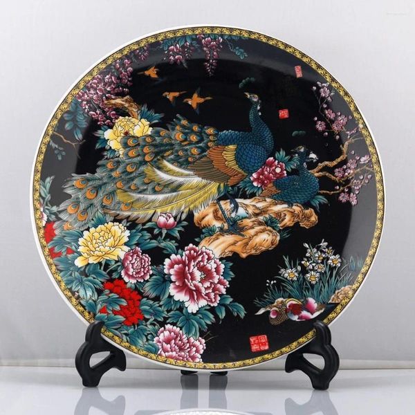 Estatuetas decorativas requintado chinês handwork família rosa placa de porcelana pintada com pavões e flores