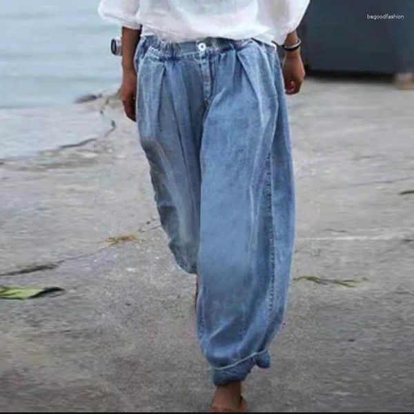 Женские джинсы, повседневные винтажные для женщин, хлопковые богемные летние мешковатые джинсы с высокой талией, свободные синие пляжные джинсовые брюки, женские брюки 2023