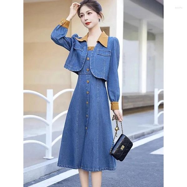 Lässige Kleider Advanced Sense Blue Denim Hosenträgerkleid Set für Frauen 2023 Slim Temperament Jeans Jacke Strap Zweiteilig