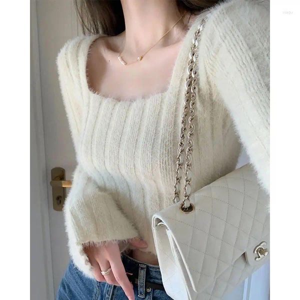 Kadın Sweaters Square Yaka Kazak Kadın Koreli kazaklar Çeken Femme Uzun Kollu Top Örgü Bayanlar Jumpers İnce Kış Giysileri Örgü