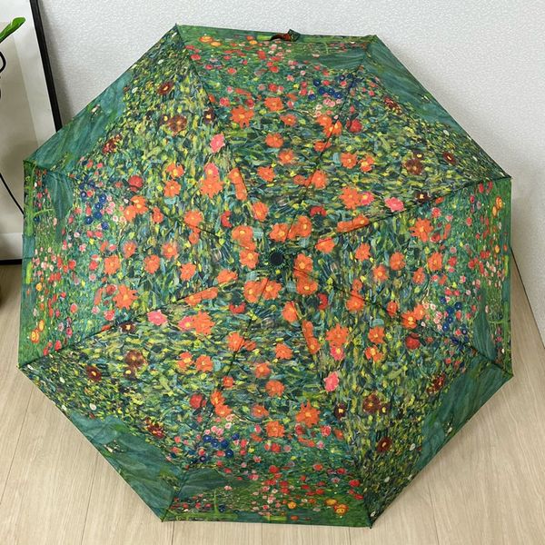 Fashion Rain Gear Wndproof Green Regenschirm Regenschirme im Freien Luxus Designer Öldruck Blumen Frauen Vollautomatischer Dreifach-Regenschirm mit Leopardenmuster