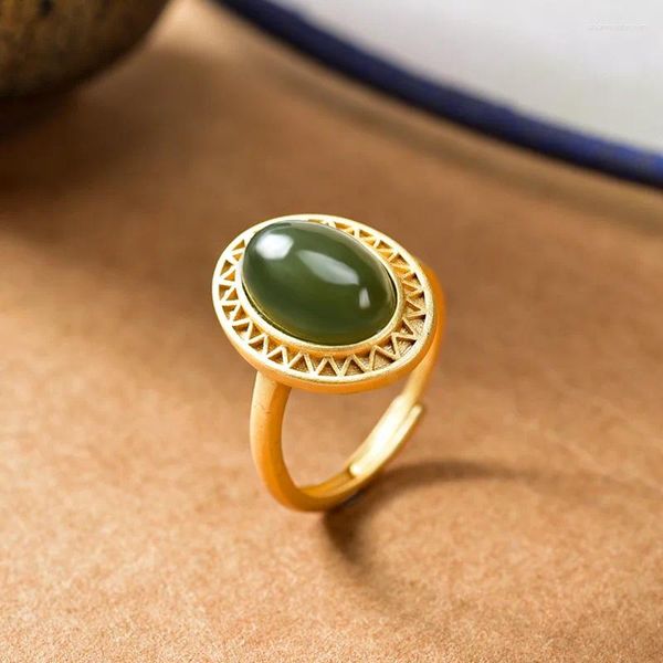 Anéis de cluster NATURAL HETIAN JASPER GREEN JADE RING COM 925 STERLING SILVER ROSE GOLD EMERALD