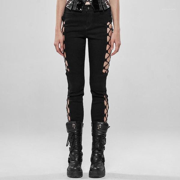 Женские брюки Capris punk Split Hollow-Out Брюки черные модные рок-леггинсы.