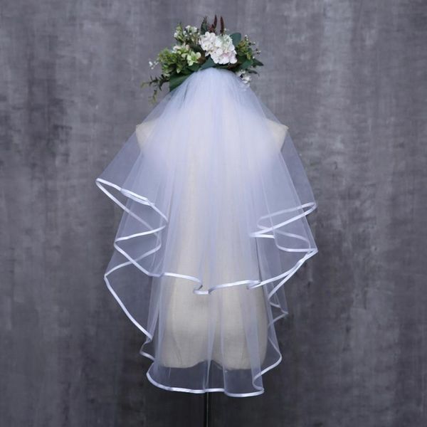 Veli da sposa donna abito da sposa velo a due strati accessori per bordo del nastro di tulle