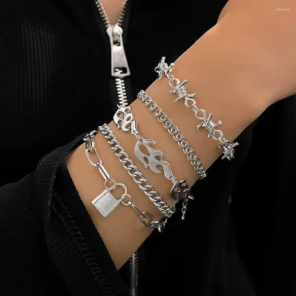 Link Pulseiras Aprilwell 5 Pcs Punk Chama Conjunto Para Mulheres Cor Prata Geométrica Bloqueio Espinhos Grunge Cuff Cube Cadeia Tornozeleira Jóias Presentes