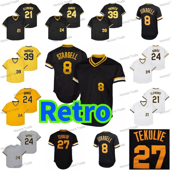 Maglia retrò Dave Parker Kent Tekulve Barry Bons Roberto Clemente 21 Willie Stargell Maglie uomo vintage Camicie Tutte cucite T-shirt pullover con scollo a V MN