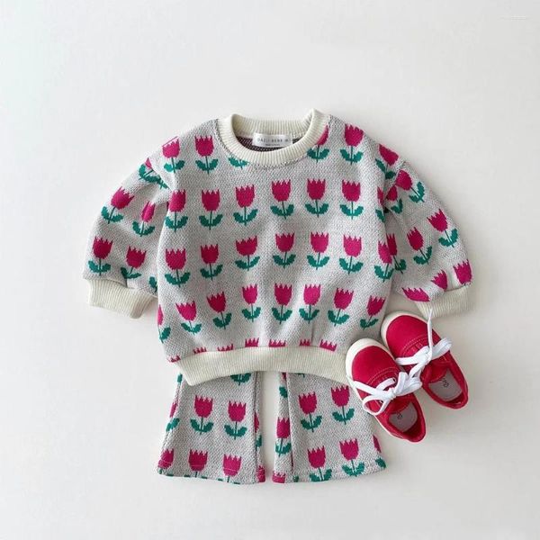 Conjuntos de roupas de inverno criança bebê menina roupas 2pcs camisola de malha tops calças largas crianças adorável padrão roupas para meninas terno de malha