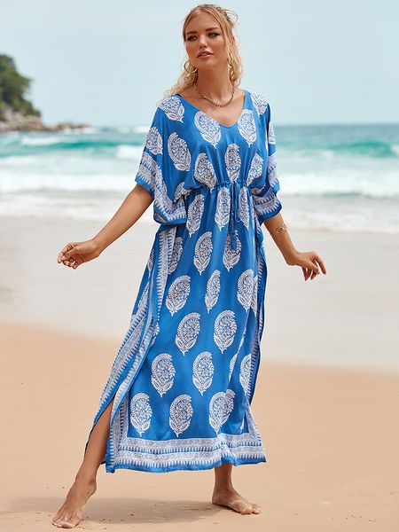 Cover-ups Bohemian Dress Capas de praia Tassel Print Follow Facting Long Skirt Bikini Capa Robe de Plage Suit de praia Tampa de maiô de praia 230406