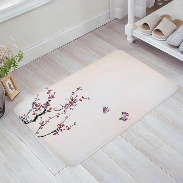 Teppiche, Pflaumenblüte, rosa Schmetterling, chinesischer Stil, rutschfester Badteppich, Badezimmer, Küche, Schlafzimmer, Fußmatten, weiche Innen-Fußmatte für den Eingangsbereich