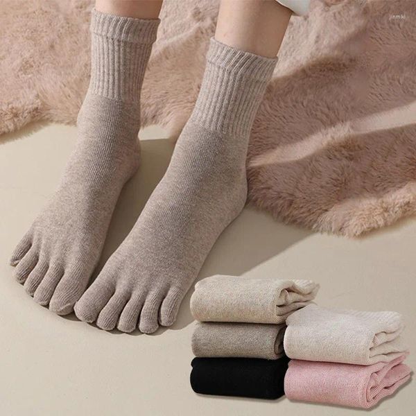 Meias femininas cinco dedos para senhora inverno grosso algodão toe sólido harajuku suor-absorver respirável esportes split meia