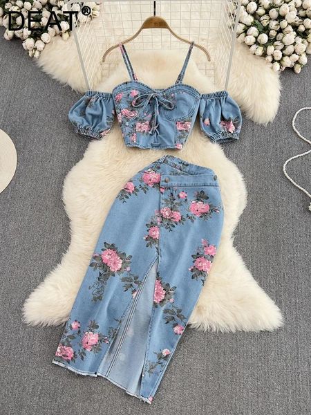 Vestidos de trabalho moda feminina causal denim conjunto sexy chique bandagem magro suspender mulheres cintura alta flor impressão saias 2023 verão 11xx3018