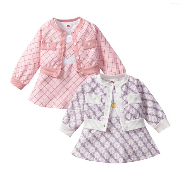 Conjuntos de roupas Lioraitiin 0-3years Criança Bebê Menina Moda Floral Casaco Vestido Terno Sem Mangas Cintura Alta A-Line Botões Cardigan Roxo / Rosa