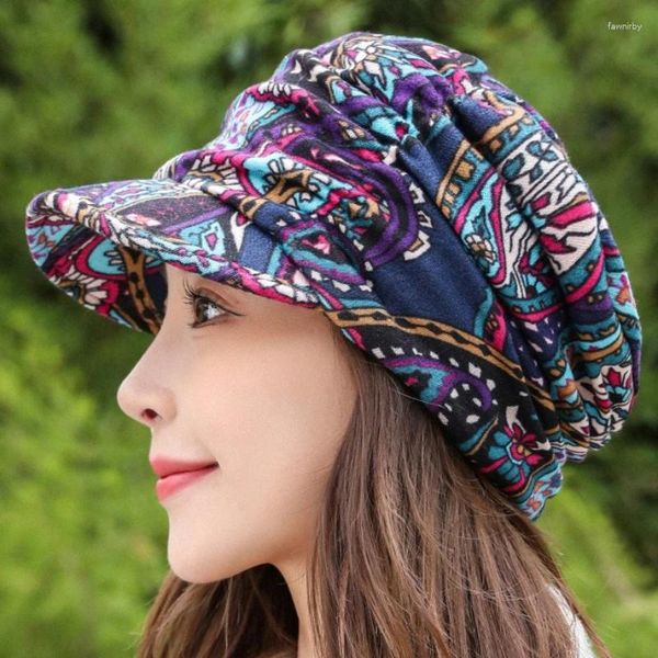 Berets Frauen Mode Kurze Krempe Hut Warme Faltbare Earflap Caps Ethnischen Stil Blumen Druck Herbst Winter Täglichen Turban Schirmmütze