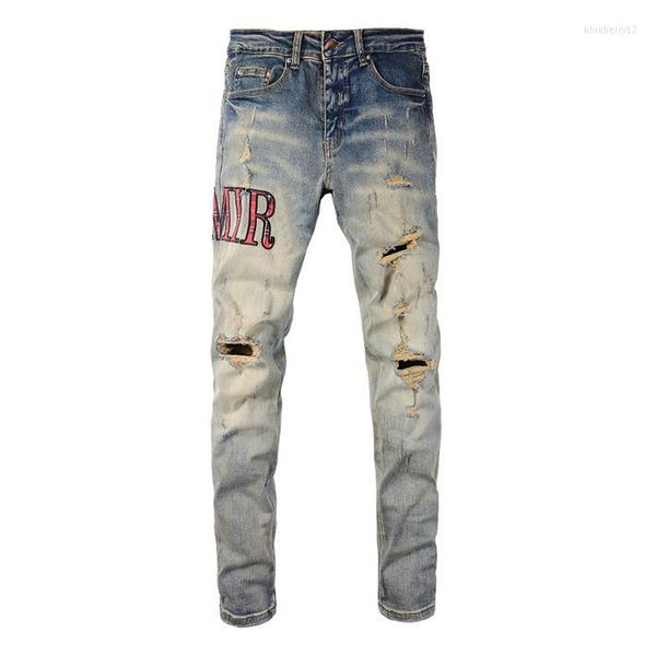 Herren Jeans Herren Hellblau Distressed Streetwear Schlank Gestickte Buchstaben Muster Patchwork Beschädigt Dünn Stretch Zerrissen