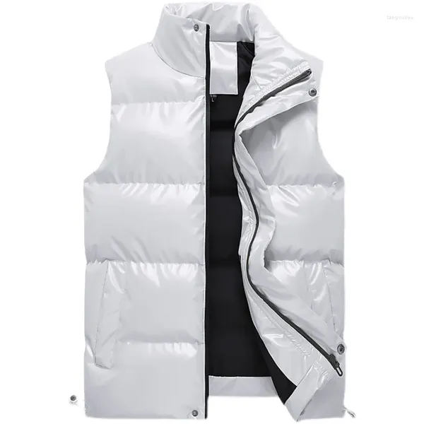 Coletes masculinos sem mangas jaqueta moda brilhante colete inverno bolsos quentes algodão acolchoado jaquetas masculino branco preto outono colete 5xl 2023