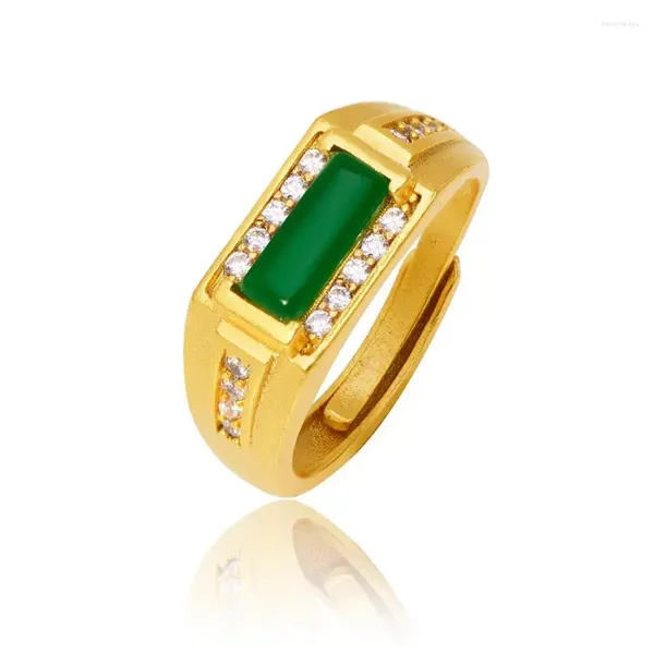 Anéis de cluster MxGxFam Pure Gold Color Green Square Stone (Ajustado) Jóias para Homens Mulheres Design Original