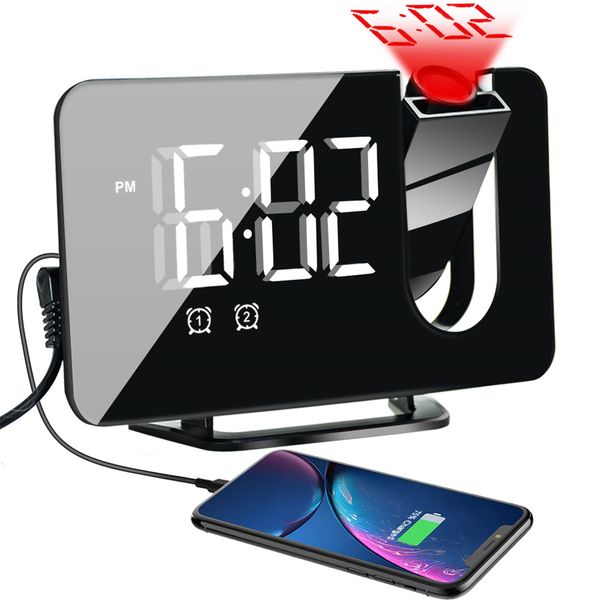 Illuminazione innovativa Sveglia con proiezione timer Sveglia con display LED digitale di grandi dimensioni Snooze Radio FM USB Proiettore ruotabile Camera da letto Studio Ufficio Soggiorno