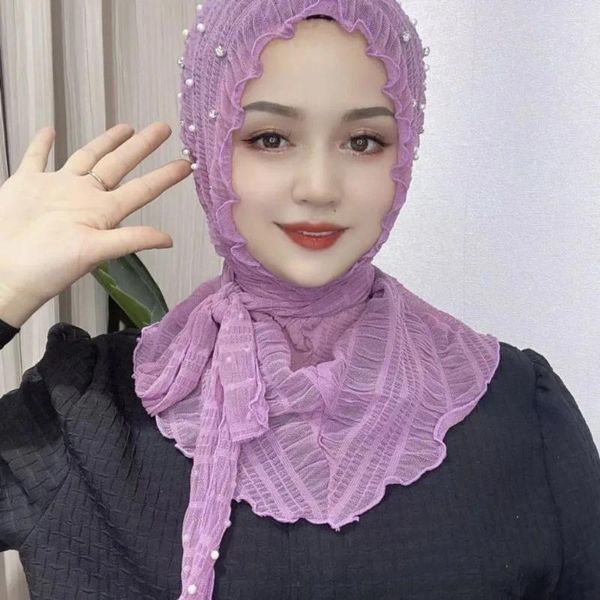 Abbigliamento etnico Hijab musulmano Tinta unita con perline Arabo Malesia Donna Sciarpa avvolgente per la testa turca morbida e facile da indossare