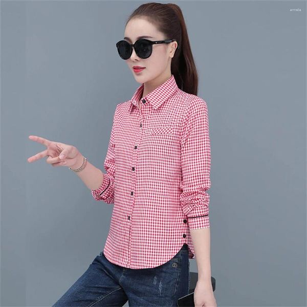 Frauen Blusen Verkauf Red Grid Gedruckt Hemd Koreanische Elegante Taste Dekoration Polo Bluse Mode Weibliche Büro Arbeit Kleidung Y2K