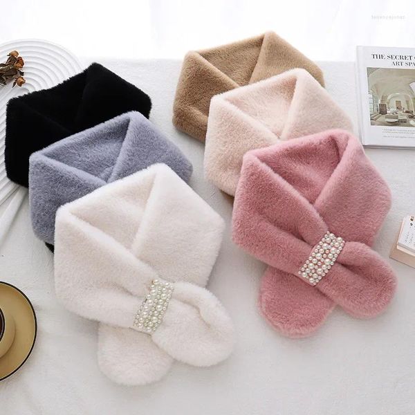 Schals Winter Perle Plüsch Schal Für Frauen Herbst Nette Weiche Verdickte Warme Faux Pelz Kreuz Mädchen Hals Ring Koreanischen Stil